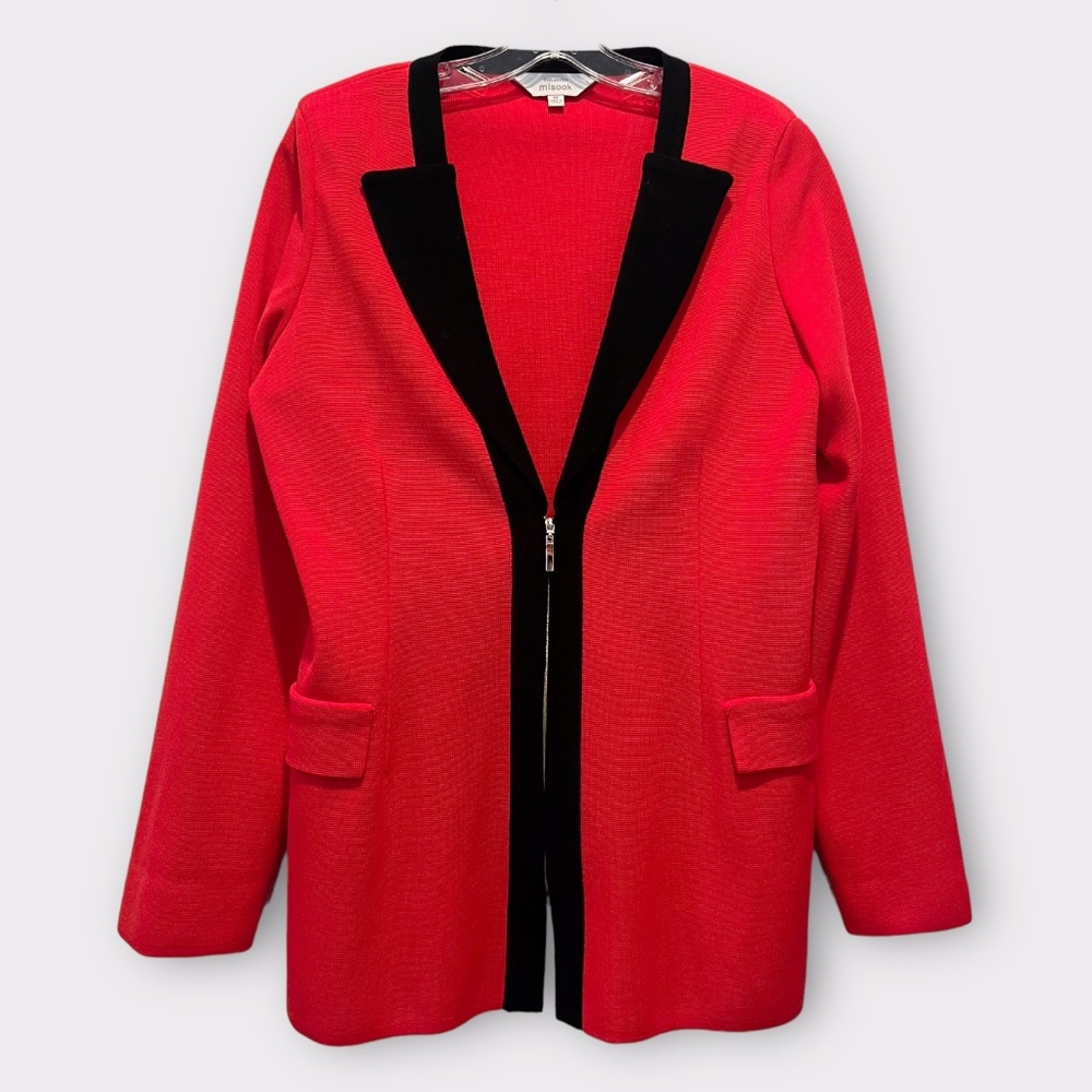 Misook Red Knit Black Lapel Blazer Zip Front Sz M